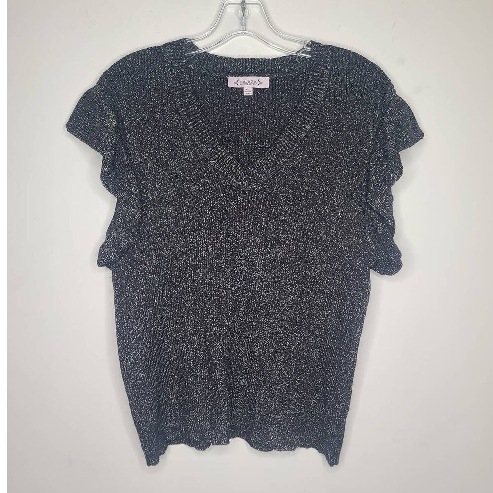 Nanette Lepore black metallic ruffle flutter sleeve v-neck shirt - XL